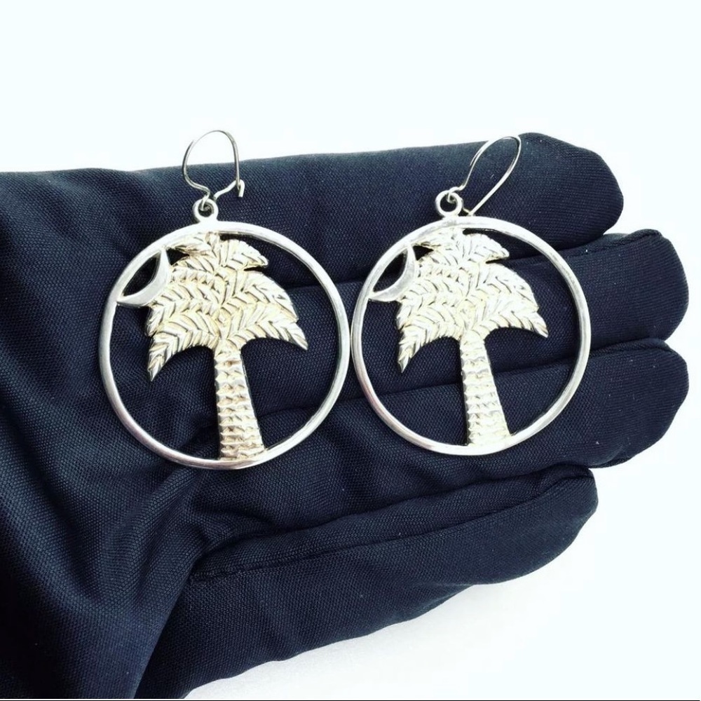 🌴 PALM TREE STERLING SILVER HOOK EARRINGS SUMMER BEACH SEA - Picture 2 of 6